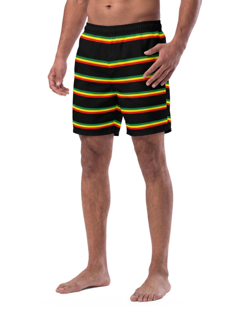 AI-generated model wearing Jamaica Men's Swim Trunks – Rasta Stripes, studio front view