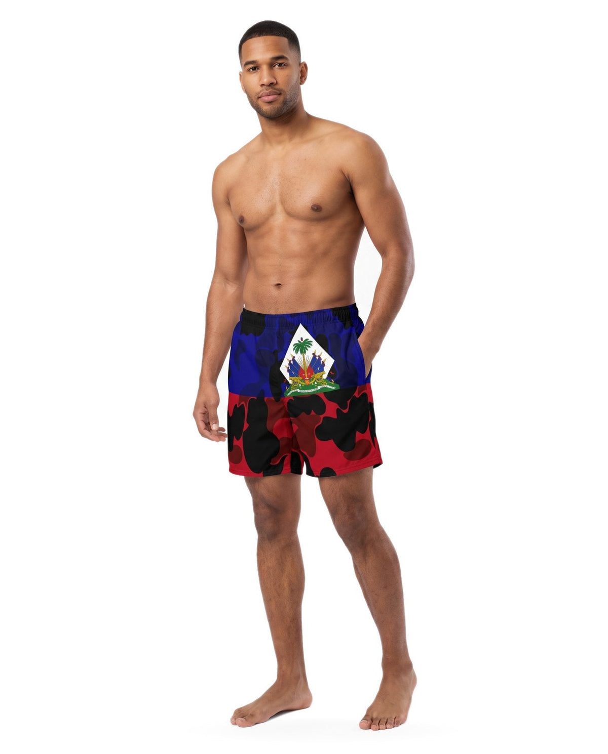 AI-generated model wearing Haiti Men's Athletic Long Shorts, studio front view