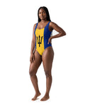 Model wearing Barbados One-Piece Swimsuit – Full Flag, studio front view