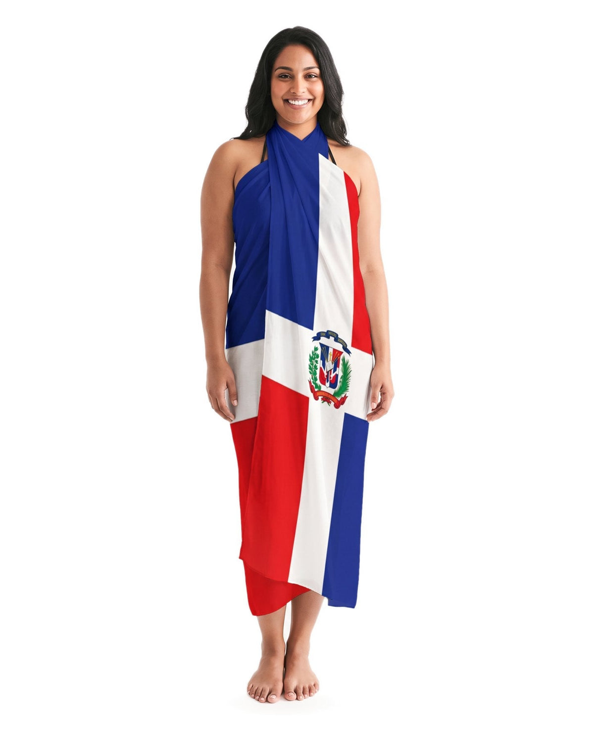 AI-generated model wearing Dominican Republic Swimsuit Cover Up – Full Flag, studio front view