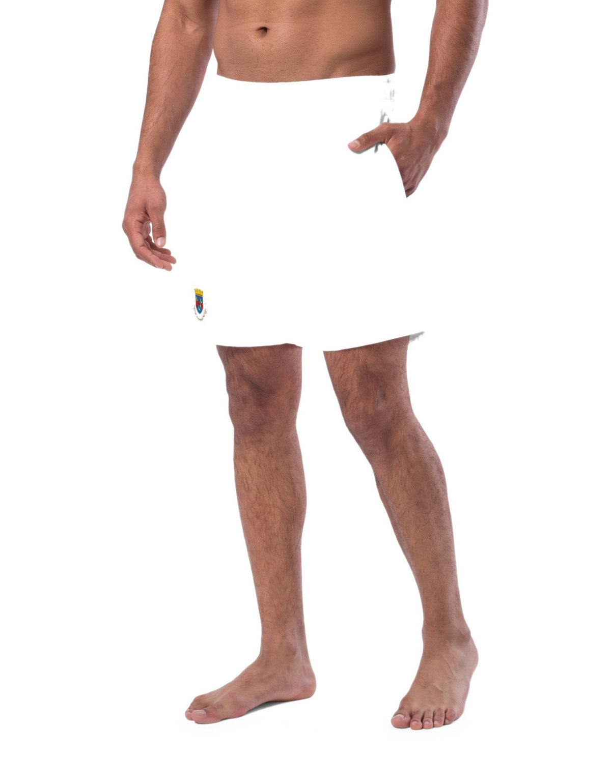 AI-generated model wearing Saint Barthelemy Men's Swim Trunks, studio front view