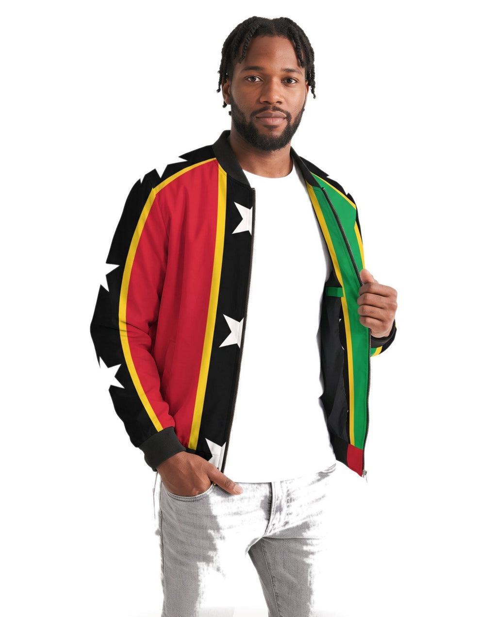 AI-generated model wearing Saint Kitts and Nevis Men's Bomber Jacket, studio front view