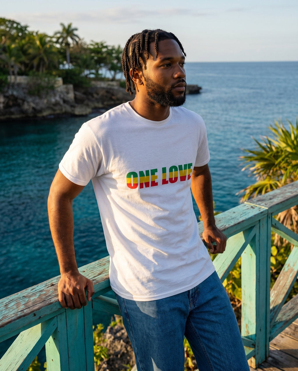 AI-generated model wearing One Love Unisex Ultra Cotton T-Shirt on the cliffs of Negril, Jamaica