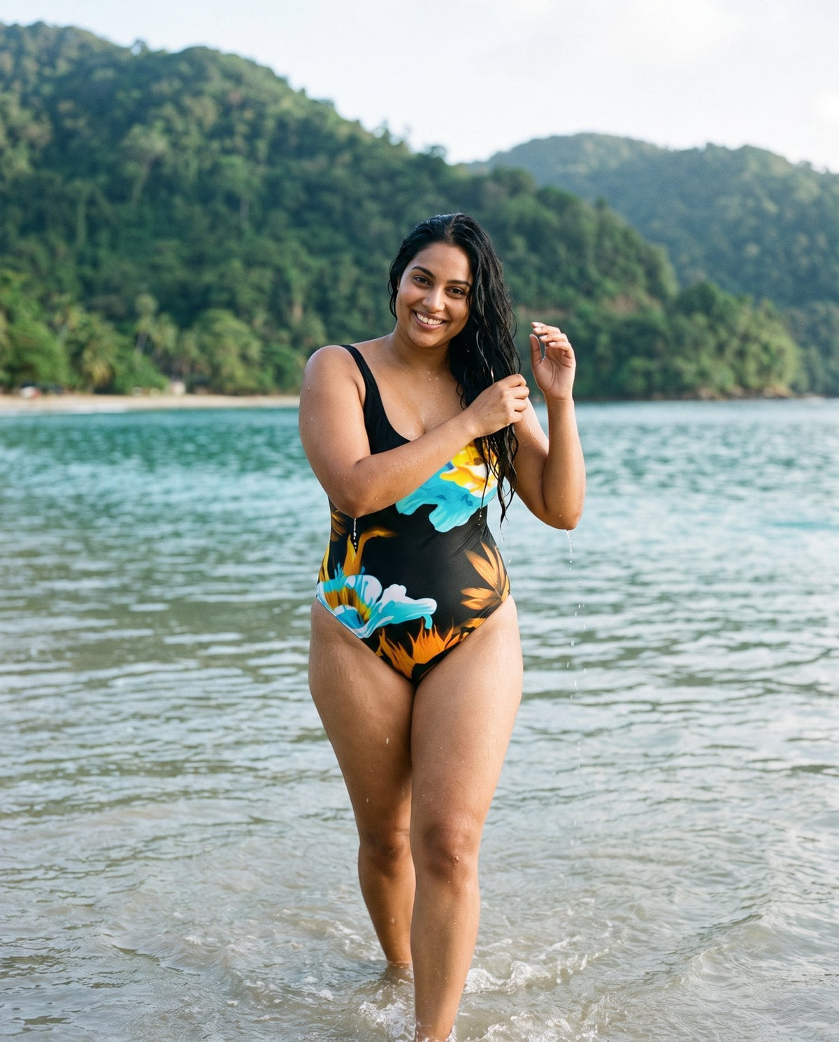 AI-generated model wearing Floral One-Piece Swimsuit at Maracas Bay, Trinidad