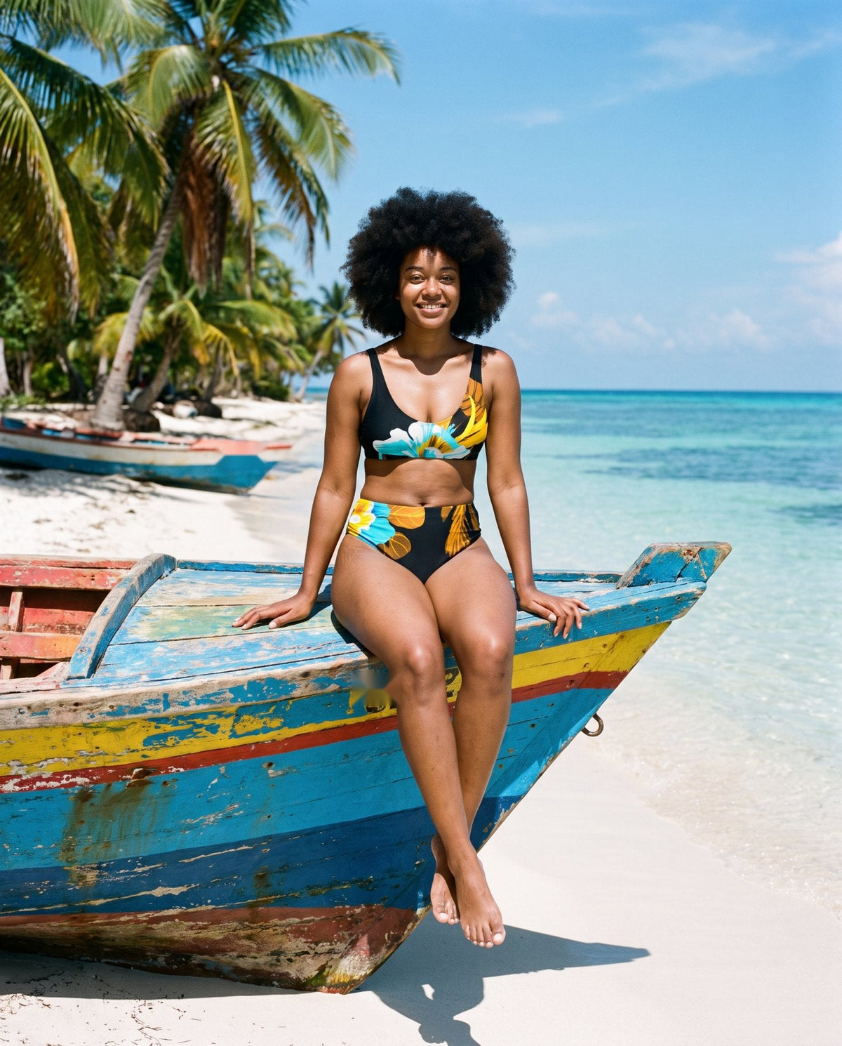 AI-generated model wearing Floral High-Waisted Bikini on Île-à-Vache, Haiti