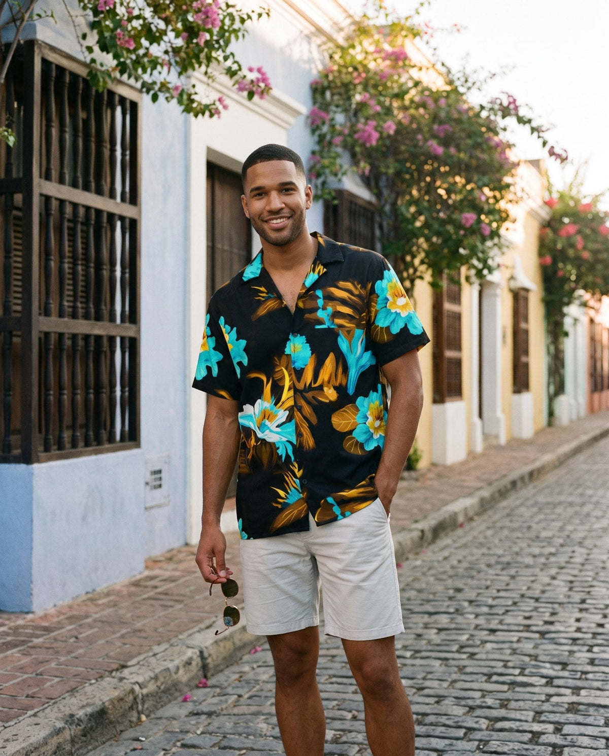 AI-generated model wearing Floral Unisex Button Shirt in the Zona Colonial, Santo Domingo, Dominican Republic