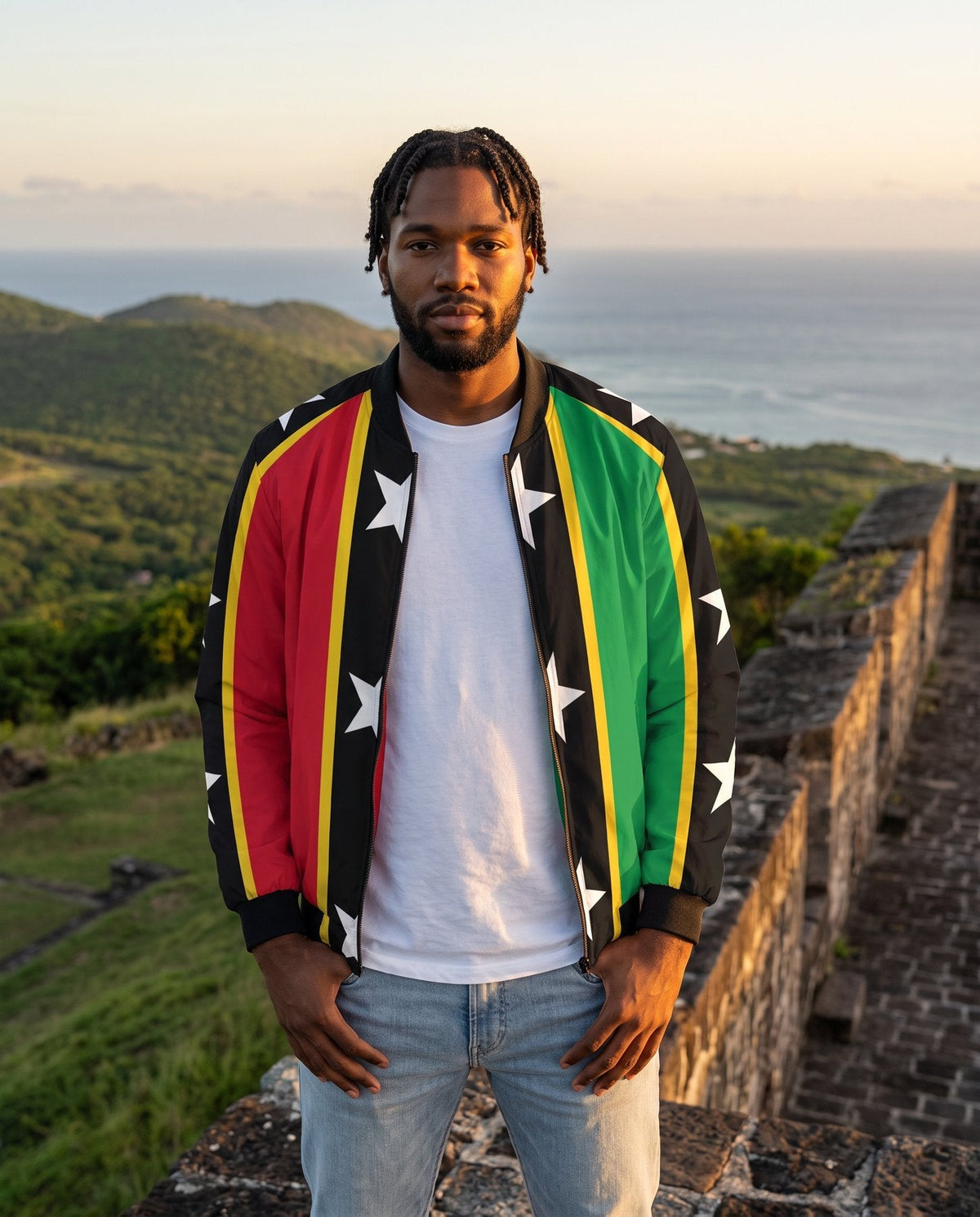 AI-generated model wearing Saint Kitts and Nevis Men's Bomber Jacket at Brimstone Hill Fortress, Saint Kitts