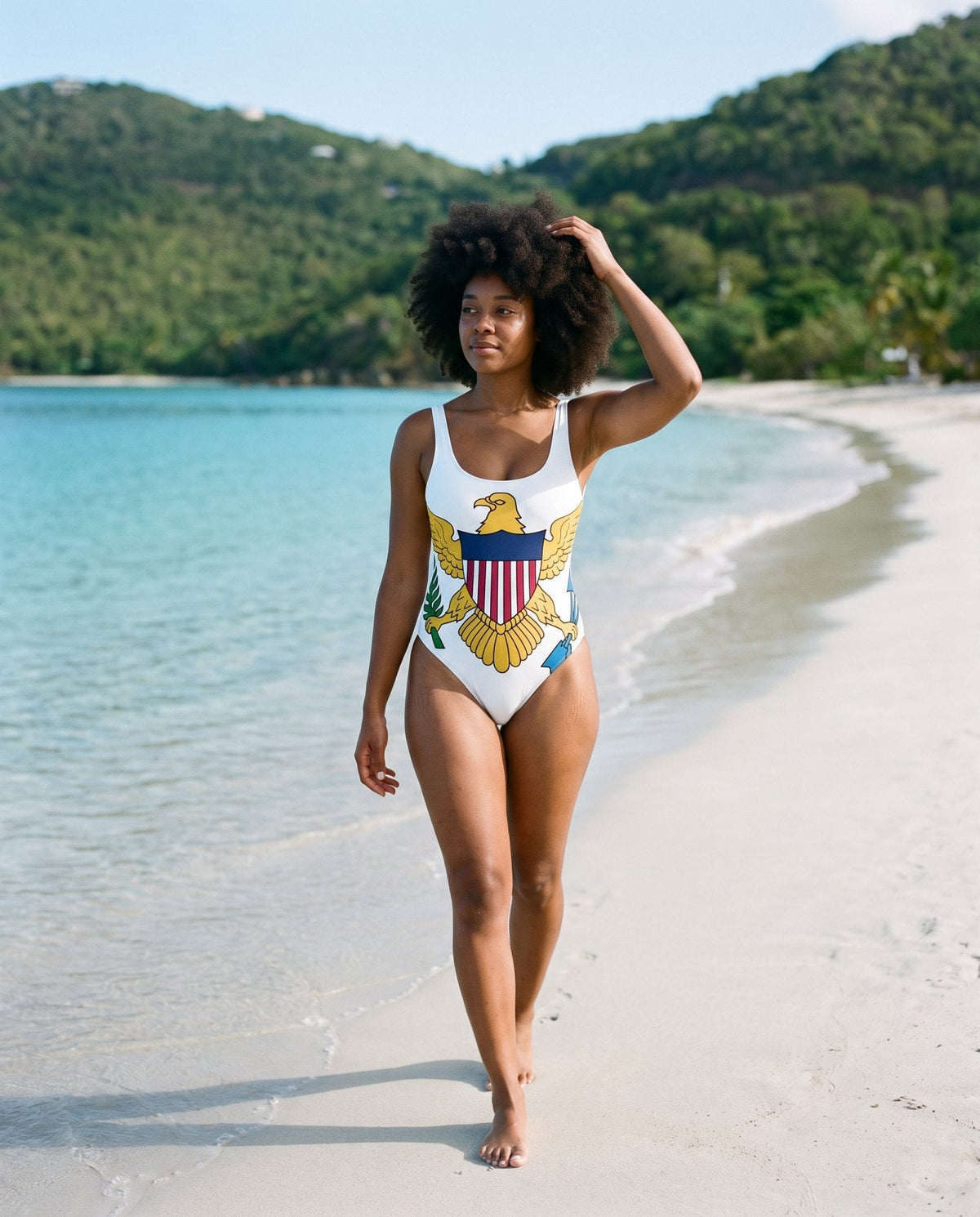 AI-generated model wearing US Virgin Islands One-Piece Swimsuit – White Eagle Crest at Magens Bay, St. Thomas, US Virgin Islands