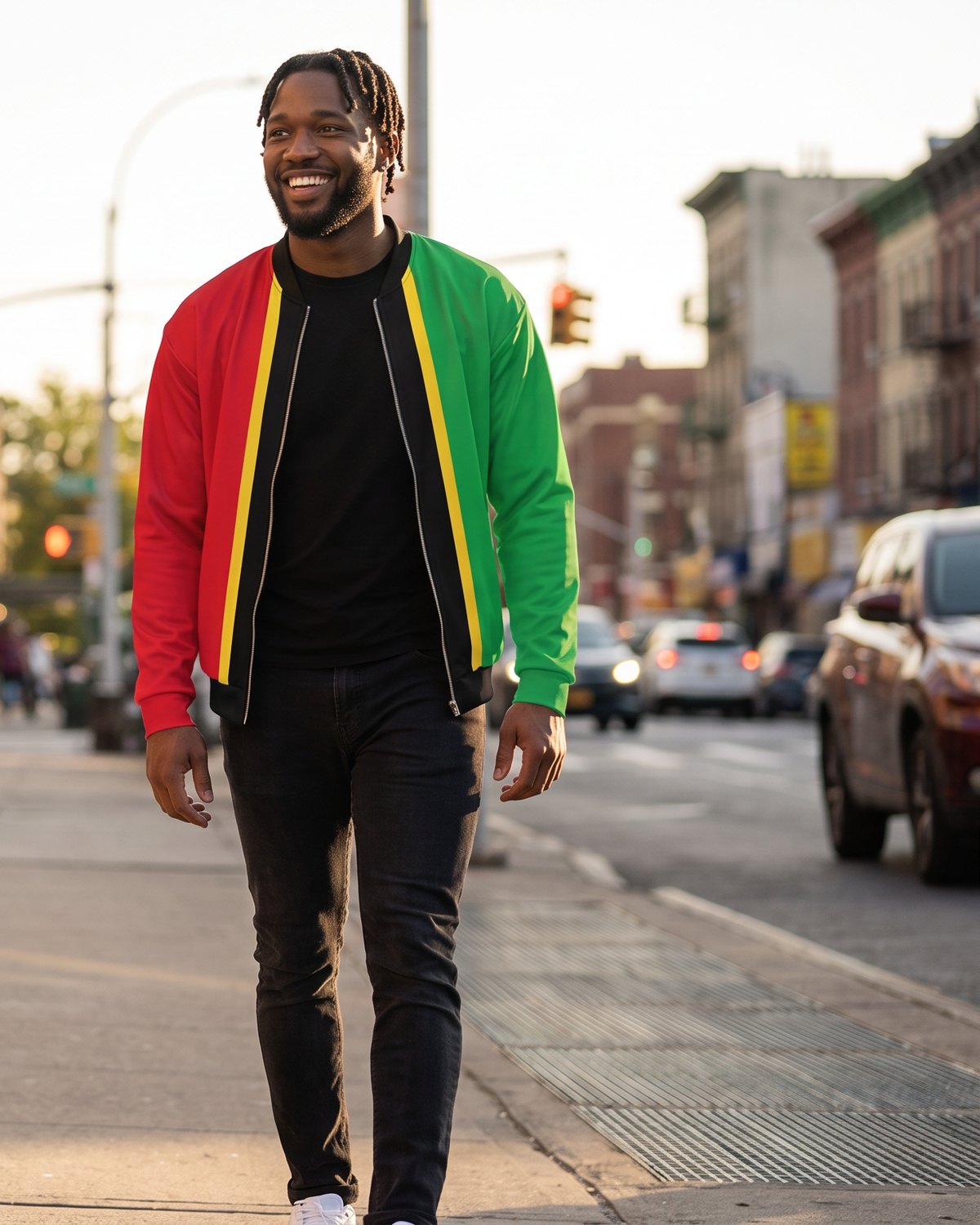 AI-generated scene: fictional model wearing the IslandFash Saint Kitts and Nevis Bomber Jacket on Flatbush Avenue, Brooklyn