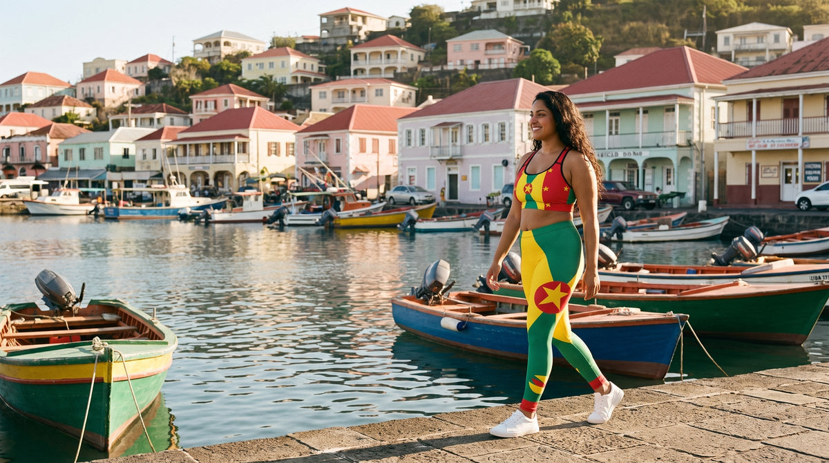 AI-generated scene: model wearing Grenada Leggings & Sports Bra at The Carenage, St. George's, Grenada