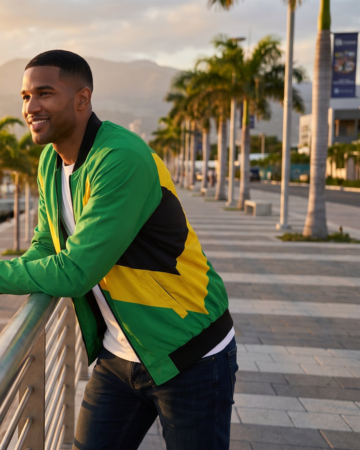 AI-generated scene: fictional model wearing the IslandFash Jamaica Men's Bomber Jacket – Green Flag on the Kingston waterfront, Jamaica