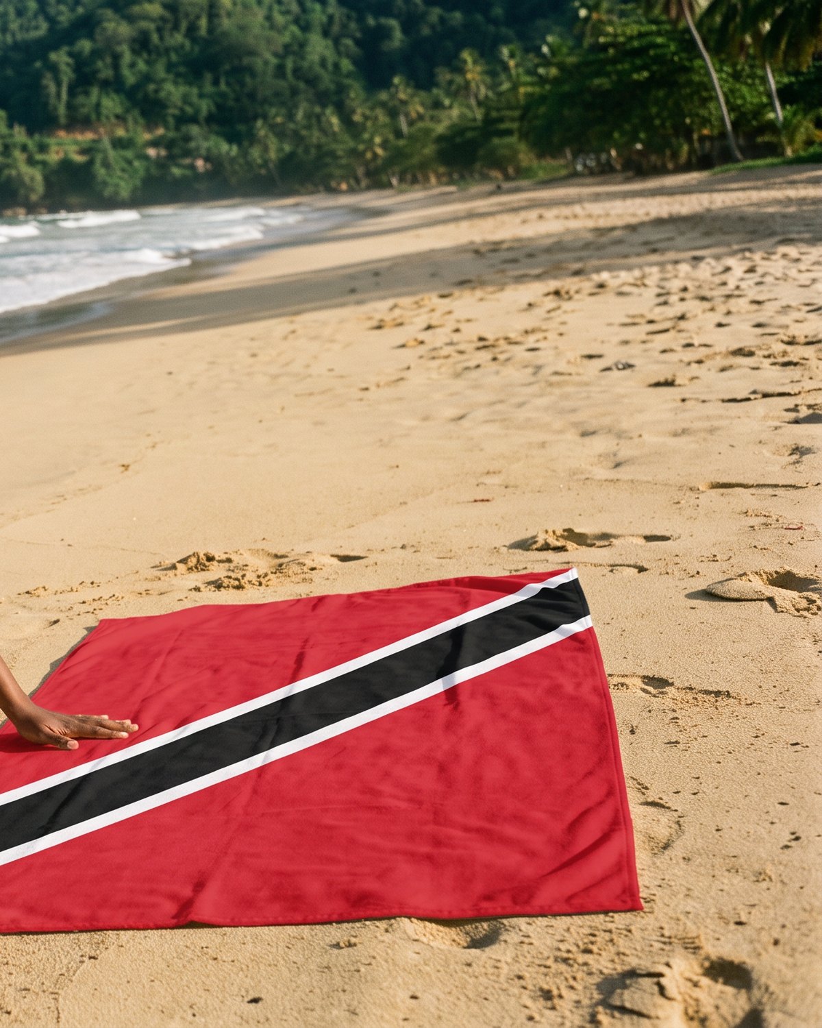 AI-generated scene: fictional model with the IslandFash Trinidad and Tobago Patriotic Beach Towel at Maracas Bay, Trinidad