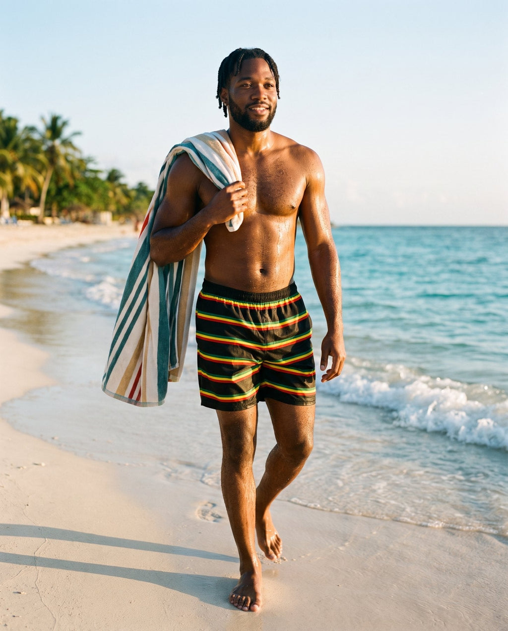 AI-generated model wearing Jamaica Men's Swim Trunks – Rasta Stripes at Seven Mile Beach, Negril