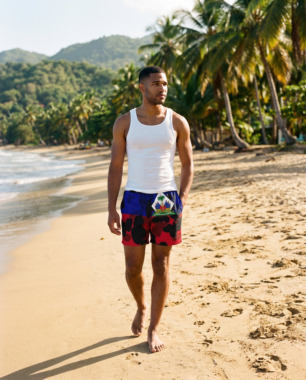 AI-generated model wearing Haiti Men's Athletic Long Shorts on Raymond-les-Bains beach near Jacmel, Haiti