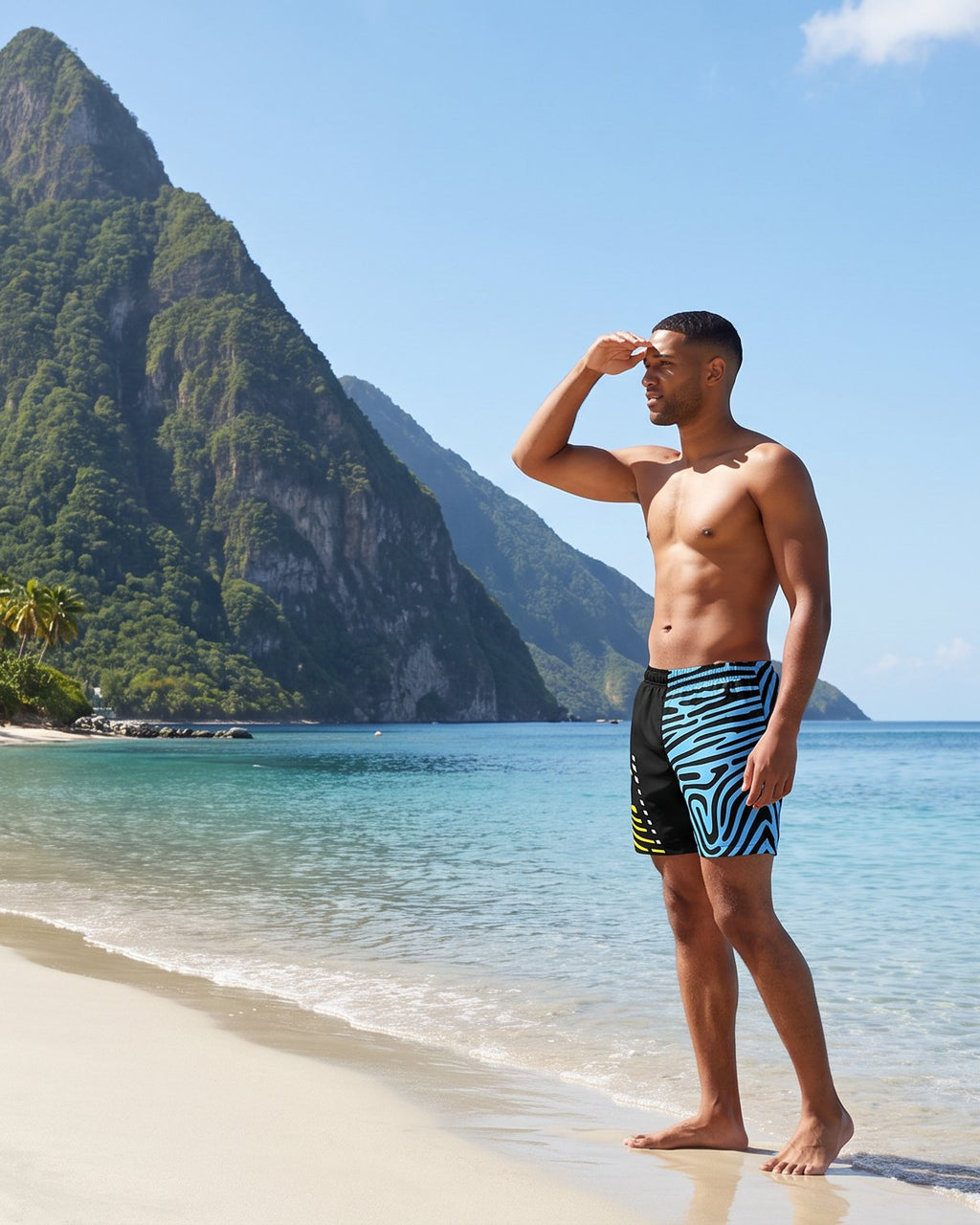 AI-generated scene: model wearing Saint Lucia Men's Swim Trunks on Sugar Beach below the Pitons, Saint Lucia