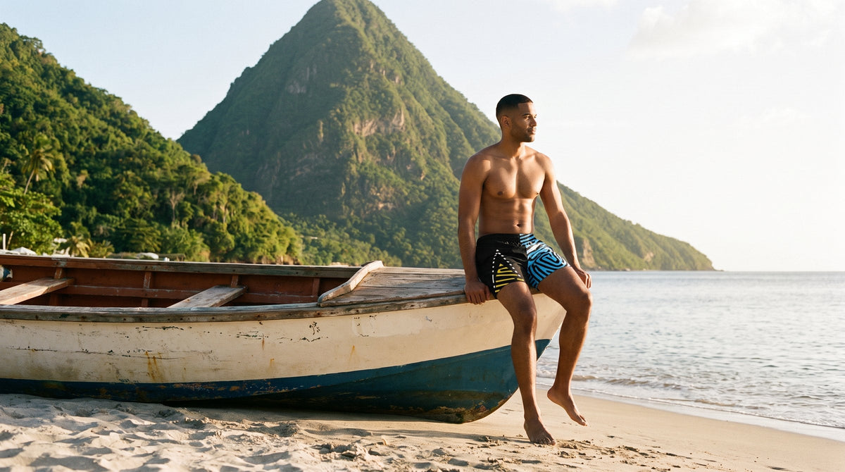 AI-generated scene: model wearing Saint Lucia Men's Swim Trunks at Sugar Beach, Soufrière, Saint Lucia