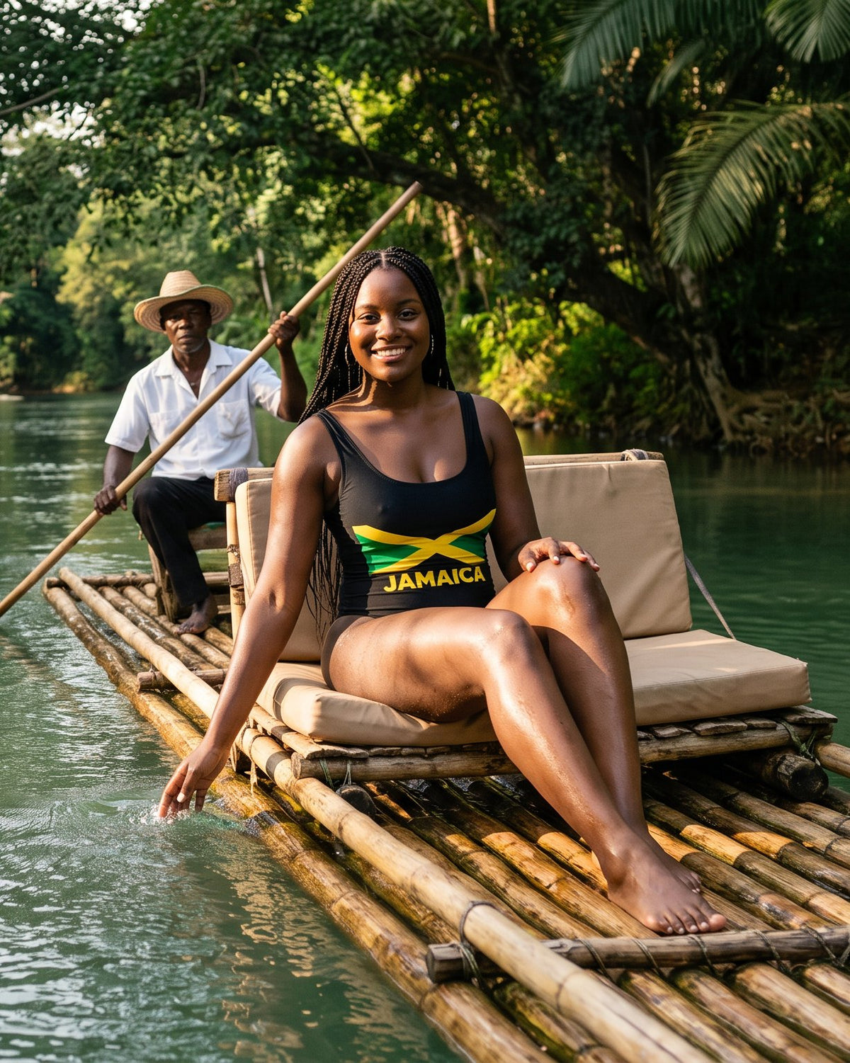 AI-generated scene: fictional model wearing Jamaica One-Piece – Black Flag Logo at Martha Brae River, Jamaica