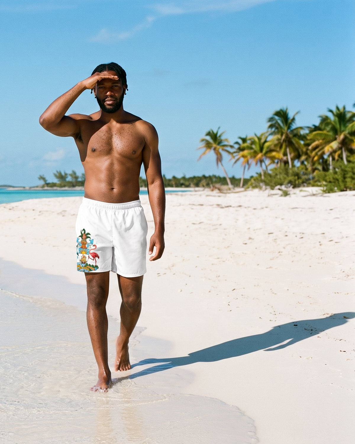 AI-generated scene: fictional model wearing Bahamas Swim Trunks – White Coat of Arms at Exuma Cays, The Bahamas