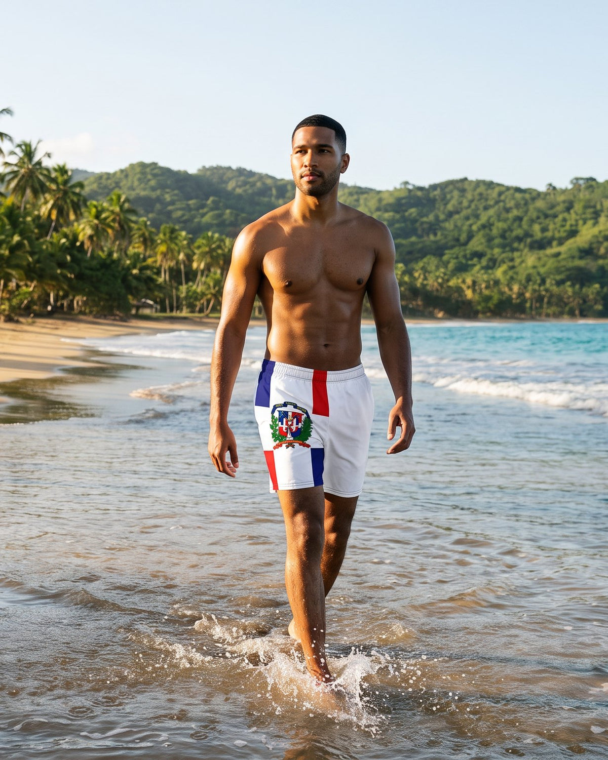 AI-generated scene: fictional model wearing Dominican Republic Swim Trunks – White Flag Panel at Playa Rincón, Samaná, Dominican Republic