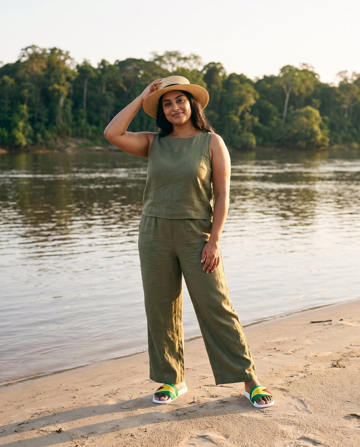 AI-generated model wearing Guyana Women's Slides by the Essequibo River