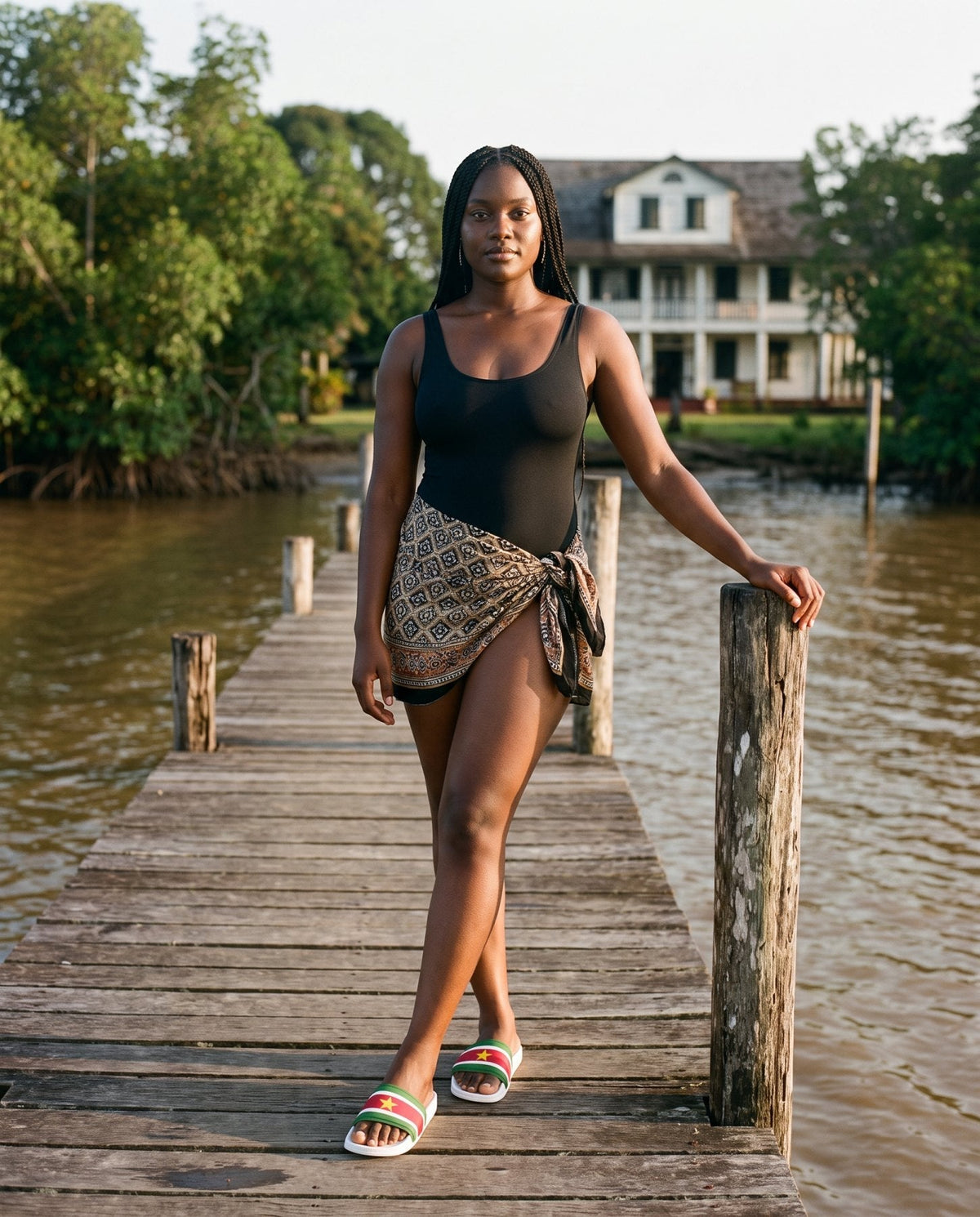 AI-generated model wearing Suriname Women's Slides on the Commewijne River