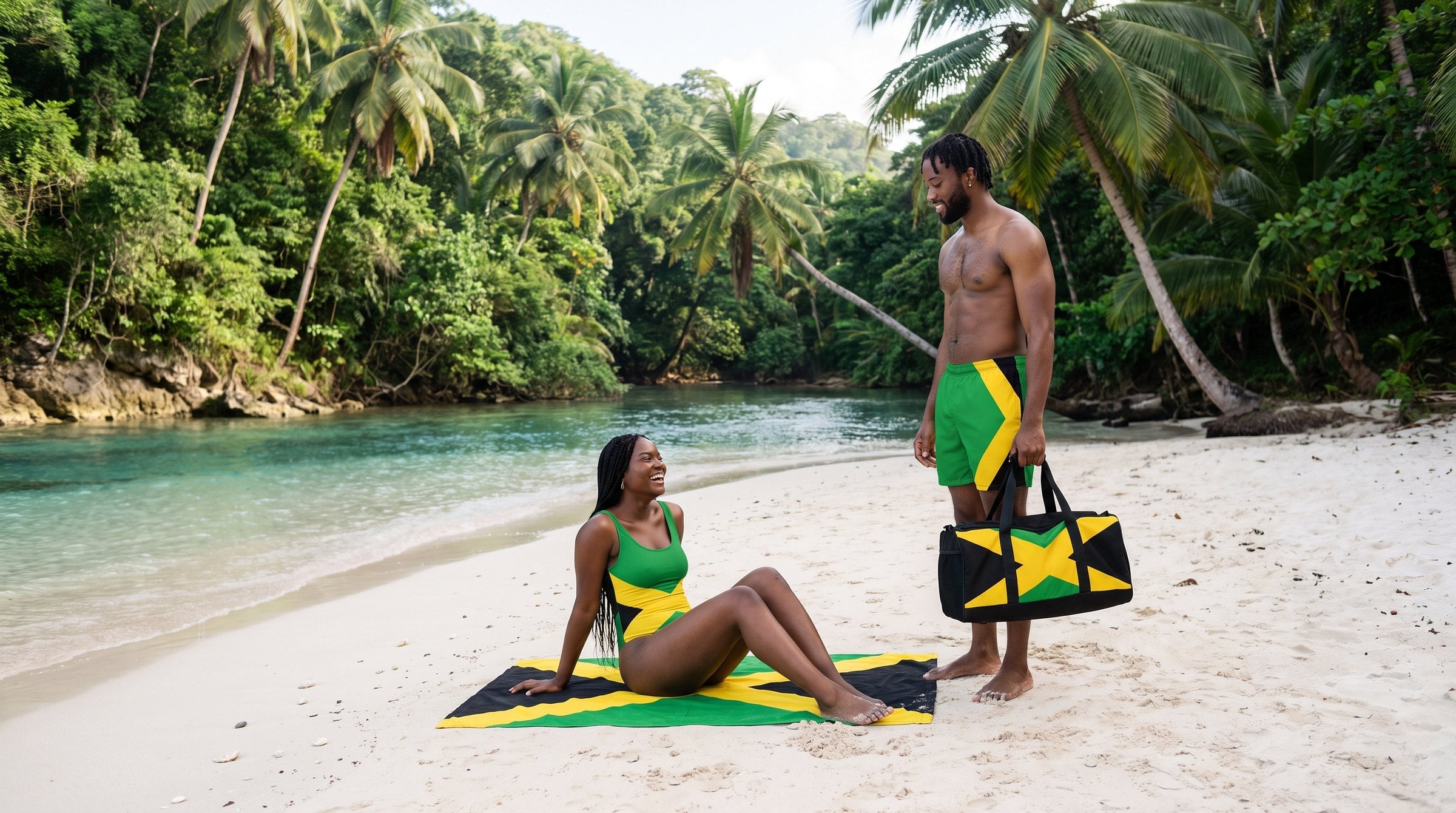 AI-generated scene: fictional models wearing the Jamaica One-Piece Swimsuit – Full Flag and Jamaica Men's Swim Trunks – Green Flag Stripe, with the Jamaica Patriotic Beach Towel and Jamaica Duffle Bag, at Frenchman's Cove, Portland, Jamaica