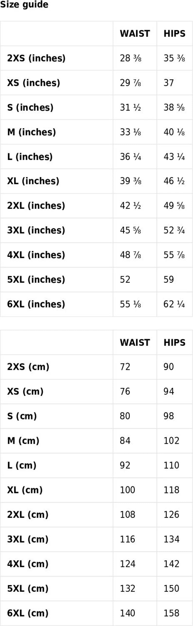 Size chart